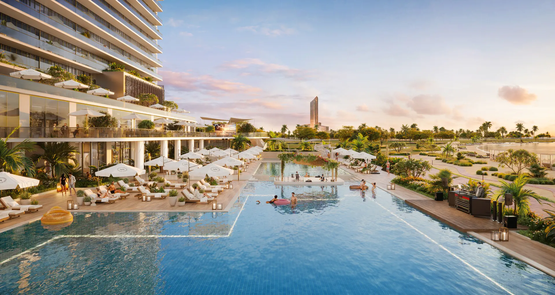 Ground floor swimming pool at Sheraton Residences Al Marjan Island beachfront resort