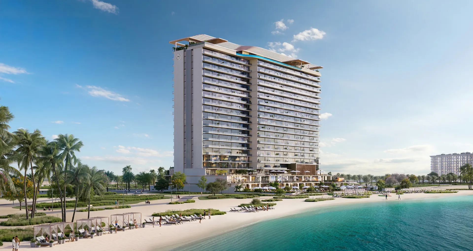 Sheraton Residences Al Marjan Island aerial view of beachfront luxury development in Ras Al Khaimah