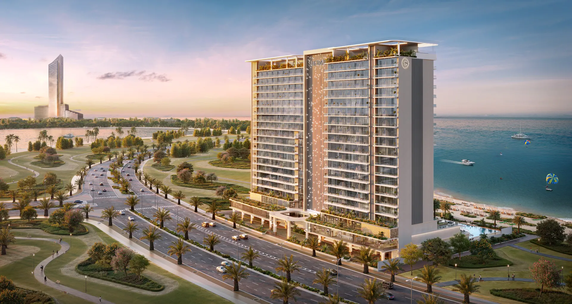 Hero exterior shot of Sheraton Residences beachfront tower at Al Marjan Island Ras Al Khaimah