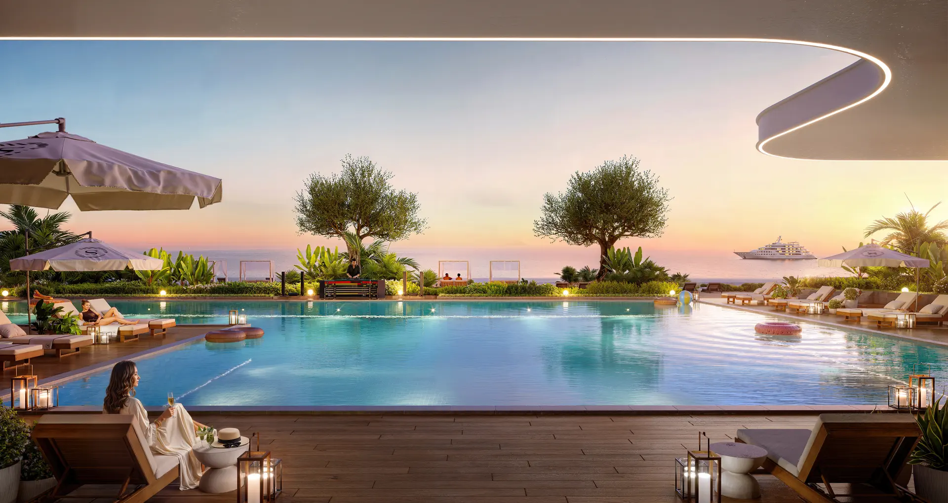 Beachfront pool view at Sheraton Residences Al Marjan Island luxury waterfront development in Ras Al Khaimah