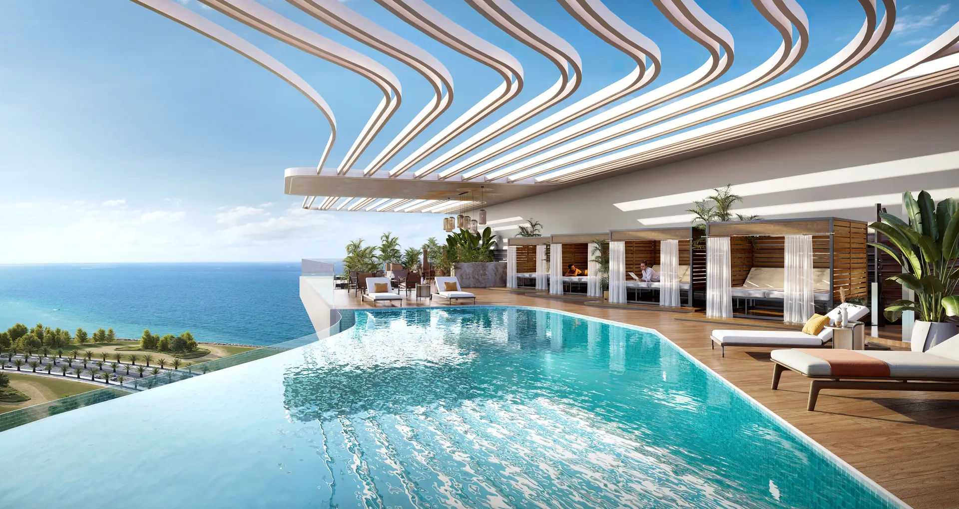 Rooftop infinity pool with panoramic sea views at Sheraton Residences Al Marjan Island Ras Al Khaimah